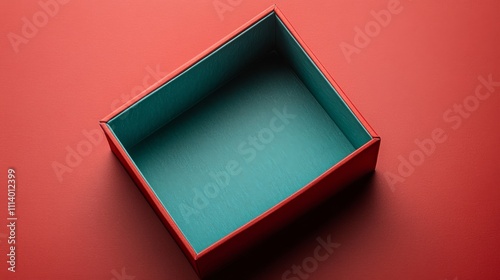 Open gift box on color background, top view. Mock up for design