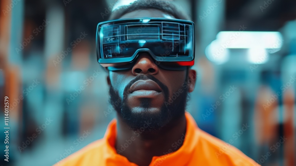 A person wearing futuristic VR goggles in an industrial setting, showcasing technology's impact. A person wearing futuristic VR goggles in an industrial setting, showcasing technology's impact.