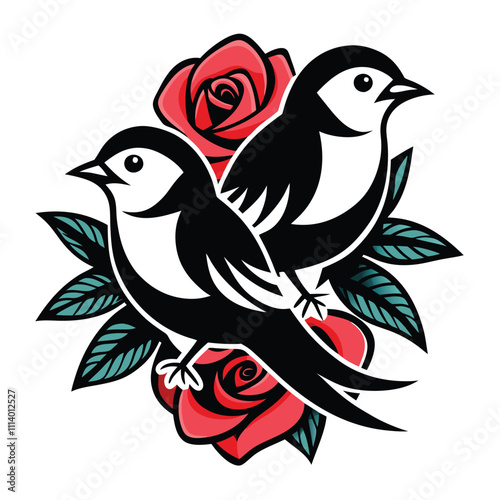 beautiful birds perched on rose tattoo design.