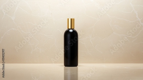 Elegant Black Bottle with Gold Cap on a Polished Surface Against a Soft Marble Background for Luxury Product Presentation or Branding