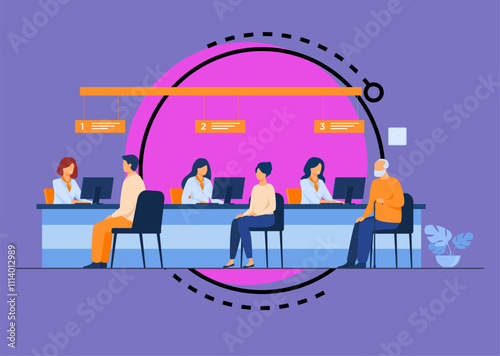 Finance managers working with clients isolated flat vector illustration. Cartoon people sitting in bank office for money exchange. Bank interior and credit department concept