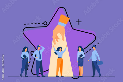 Employer choosing best professional in group of candidates, giving hand to woman under spotlight. Vector illustration for employment, HR, talent, candidate selection concept