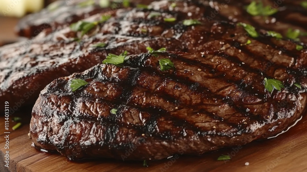 Juicy Grilled Steak with Fresh Herbs on Wooden Cutting Board Juicy Grilled Steak with Fresh Herbs on Wooden Cutting Board
