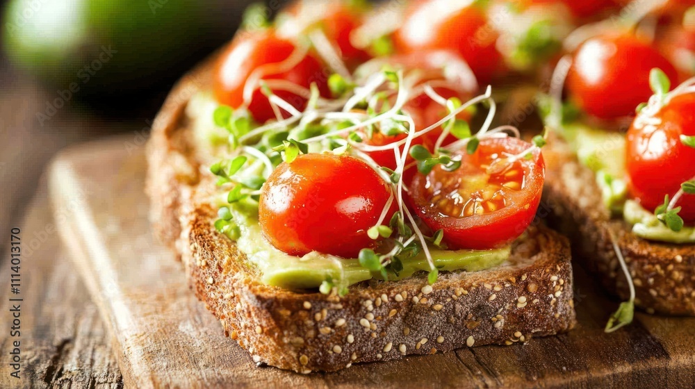 Delicious avocado toast topped with cherry tomatoes and microgreens. Delicious avocado toast topped with cherry tomatoes and microgreens.