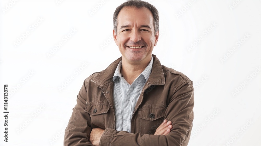 A man stands confidently with arms crossed, smiling warmly. Dressed in a casual jacket over a patterned shirt, he radiates professionalism and approachability in a bright setting A man stands confidently with arms crossed, smiling warmly. Dressed in a casual jacket over a patterned shirt, he radiates professionalism and approachability in a bright setting