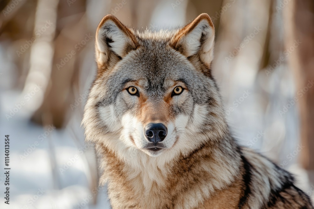 A coyote is currently standing in the snow, intently looking at the camera A coyote is currently standing in the snow, intently looking at the camera