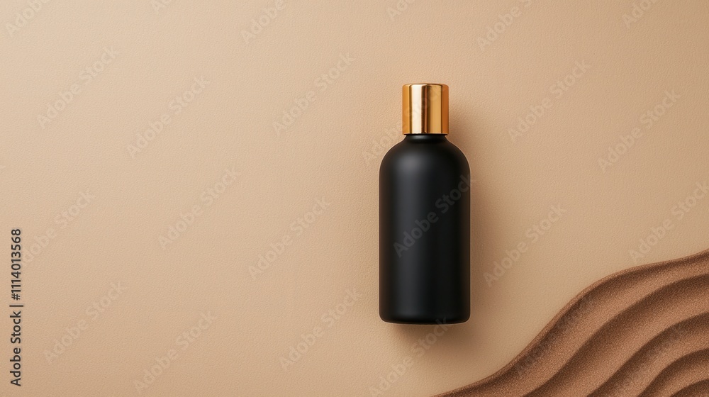 Elegant Black Bottle with Gold Cap on Soft Beige Background, Representing Luxury and Minimalism for Beauty or Skincare Product Photography Elegant Black Bottle with Gold Cap on Soft Beige Background, Representing Luxury and Minimalism for Beauty or Skincare Product Photography