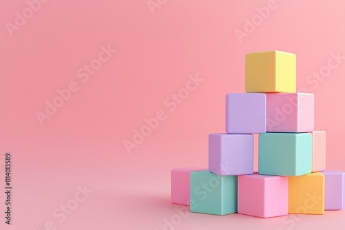 A colorful stack of baby blocks arranged on a soft pink background, perfect for playful moments.