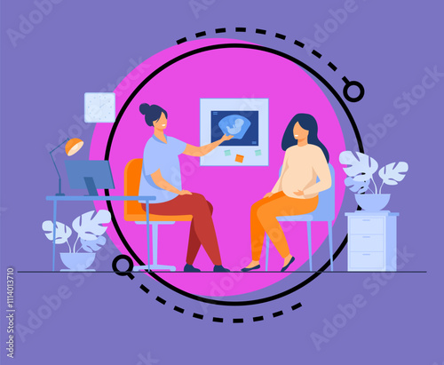 Happy pregnant woman consulting in gynecology office isolated flat vector illustration. Cartoon female patient talking with doctor in hospital. Medicine and pregnancy concept
