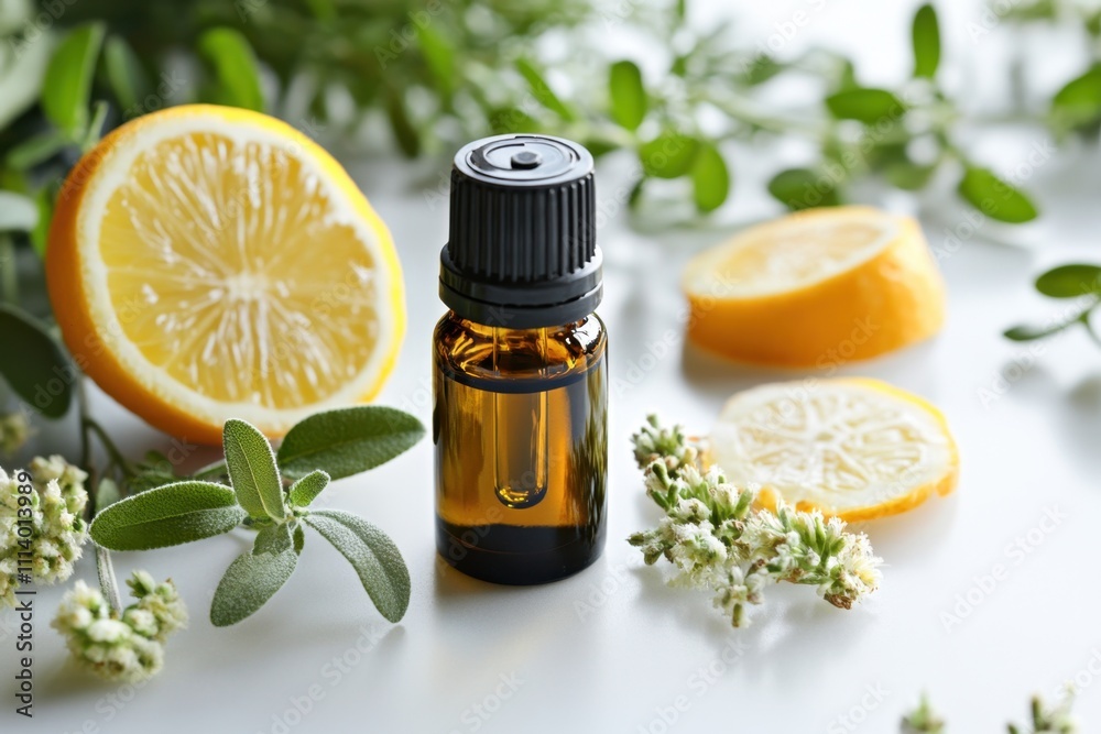 Lemon essential oil with fresh lemon slices and herbs on a white surface Lemon essential oil with fresh lemon slices and herbs on a white surface