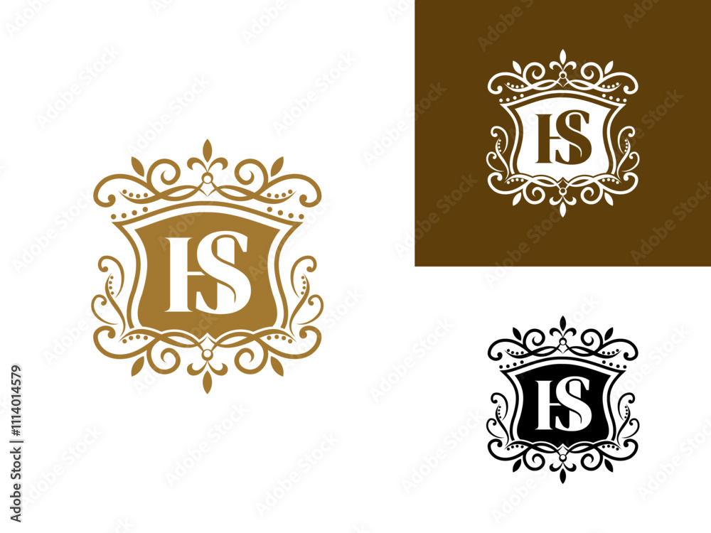 Beautiful luxury letter HS in shield and Abstract Plant. Initial Identity Letter in Gold color Logo vector template Beautiful luxury letter HS in shield and Abstract Plant. Initial Identity Letter in Gold color Logo vector template