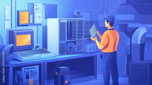 A technician inspects a computer component in a tech workshop filled with equipment.