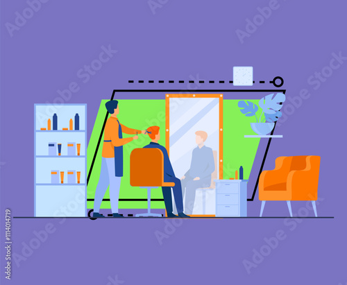 Male hairdressing beauty salon interior isolated flat vector illustration. Cartoon stylist or beautician cutting client hair in barbershop. Appearance and beauty concept