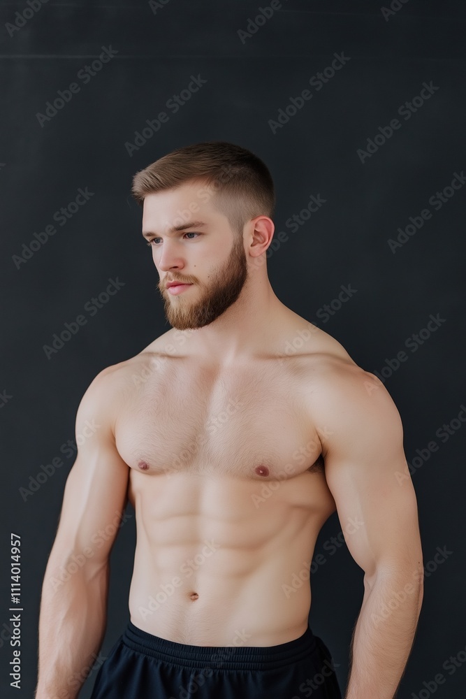 A man with a beard and a muscular chest stands in front of a black background. He is posing for a photo, and his body language suggests confidence and self-assurance A man with a beard and a muscular chest stands in front of a black background. He is posing for a photo, and his body language suggests confidence and self-assurance