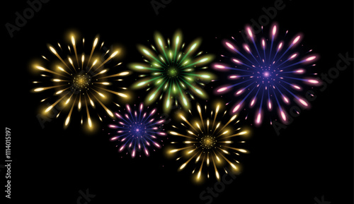 A vibrant vector design featuring golden, purple, and green fireworks with dazzling bursts and sparkles. Perfect for holiday celebrations, New Year decorations, posters, prints, and banners.