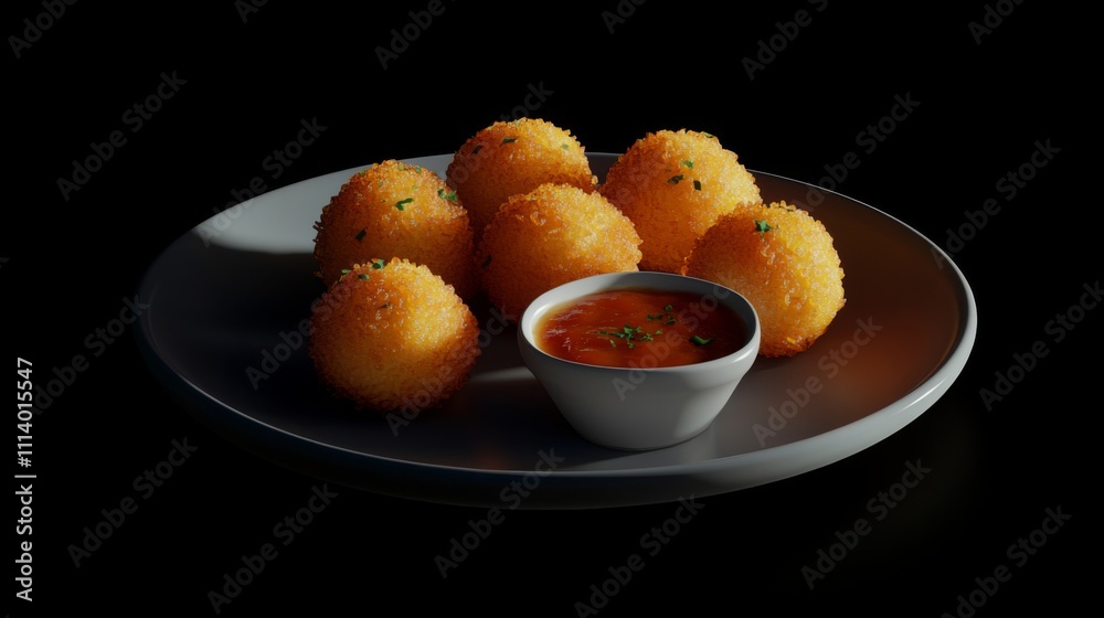 Golden Fried Snack Balls with Tangy Sauce on Dark Background Golden Fried Snack Balls with Tangy Sauce on Dark Background