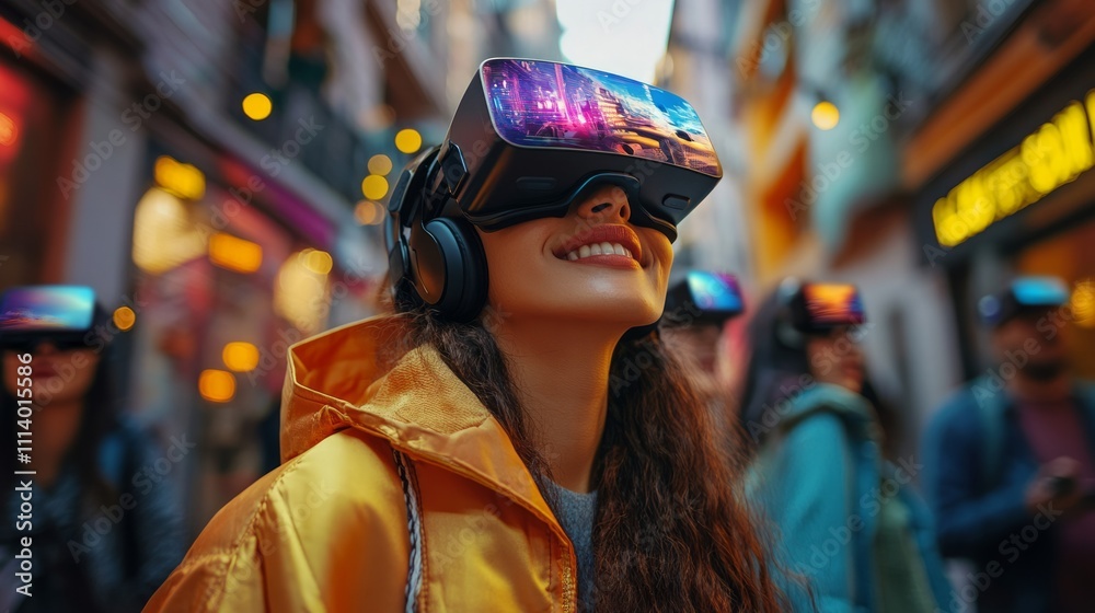 Young woman and her friends in VR glasses outdoors
Young woman and her friends in VR glasses outdoors