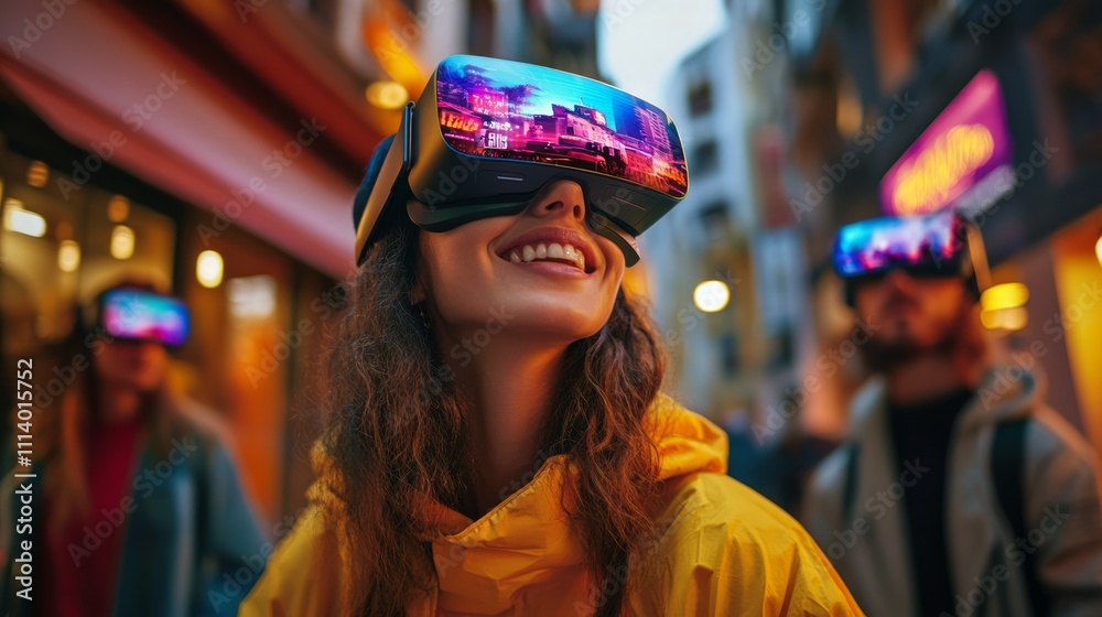 Young woman and her friends in VR glasses outdoors
Young woman and her friends in VR glasses outdoors