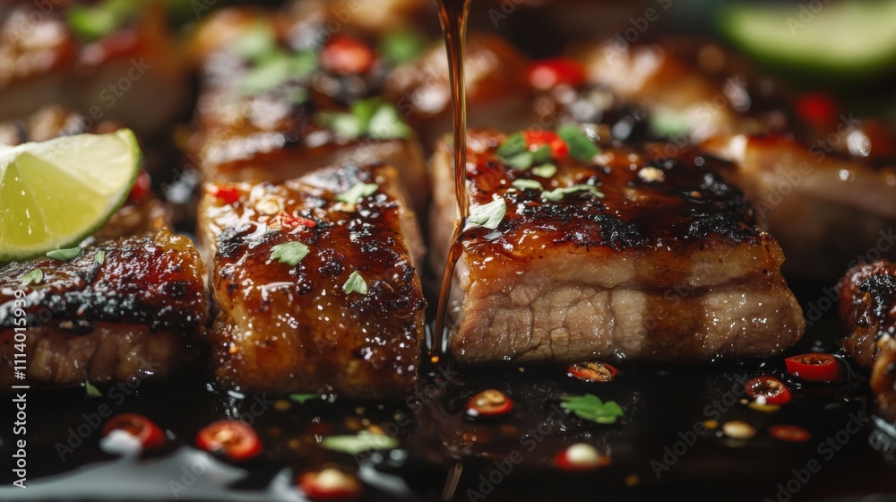 Delicious Grilled Meat Slices Drizzled with Sauce and Fresh Herbs Delicious Grilled Meat Slices Drizzled with Sauce and Fresh Herbs