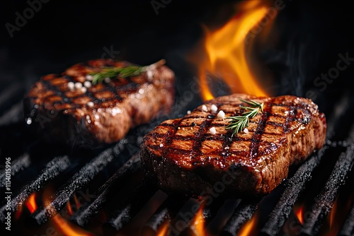 Two juicy steaks are expertly cooked on a grill with tongs