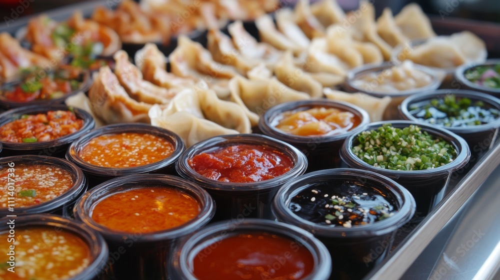 Colorful Array of Dipping Sauces and Dumplings on a Platter Colorful Array of Dipping Sauces and Dumplings on a Platter