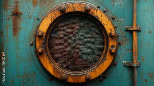 A weathered metal porthole with a mesh screen, showcasing rust and patina. photo