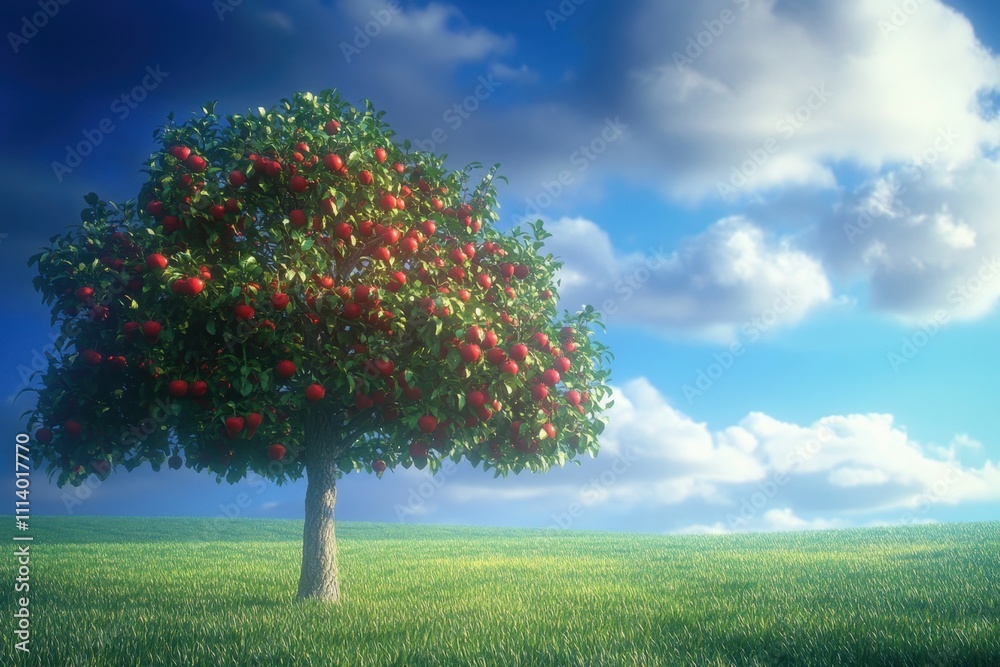 Vibrant apple tree stands against a clear blue sky on a sunny day in the countryside Vibrant apple tree stands against a clear blue sky on a sunny day in the countryside