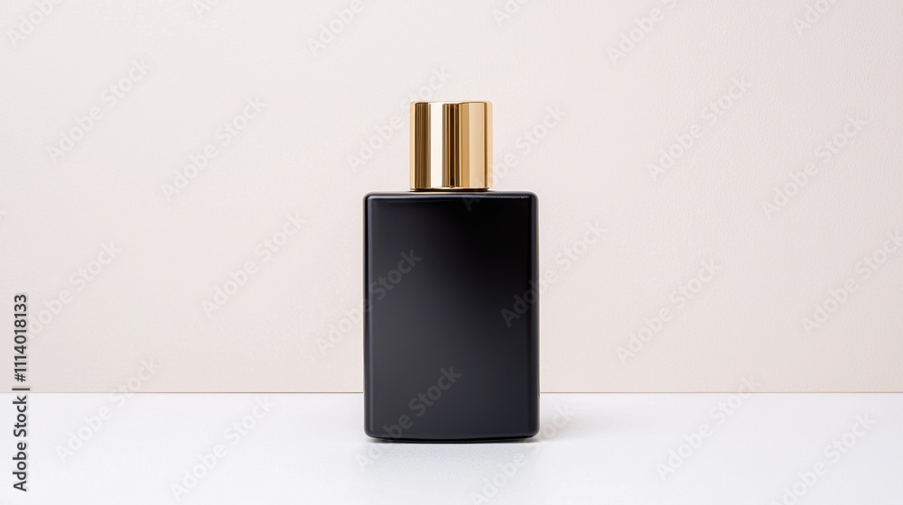 Elegant black perfume bottle with a shiny gold top set against a soft neutral background, perfect for showcasing luxury fragrance products and branding concepts Elegant black perfume bottle with a shiny gold top set against a soft neutral background, perfect for showcasing luxury fragrance products and branding concepts