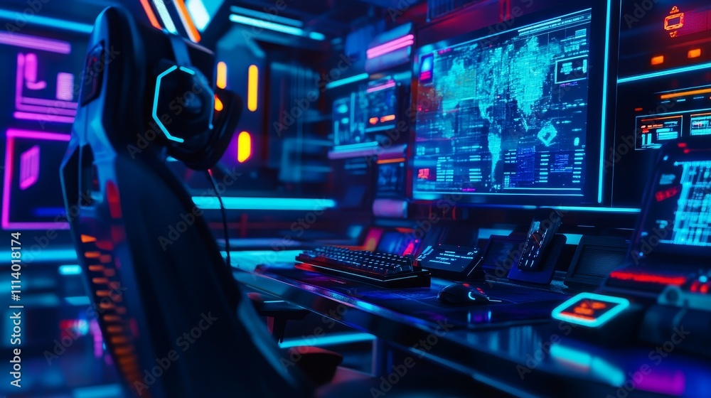 A futuristic gaming setup featuring a sleek chair, illuminated screens, and advanced peripherals. A futuristic gaming setup featuring a sleek chair, illuminated screens, and advanced peripherals.