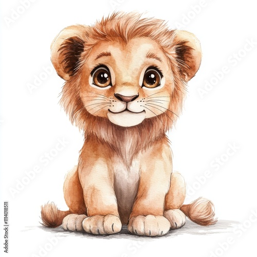 Cartoon illustration of a lion in a minimalist watercolor style, isolated, full body and smiling photo