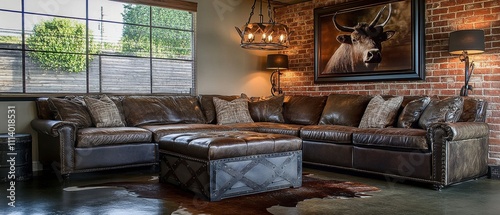 Rustic and Elegant Living Room with Leather Sectional and Deer Artwork photo