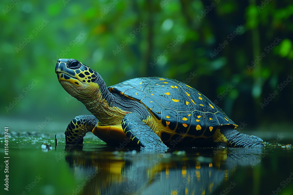 A Yellow Spotted Turtle in a Green Habitat A Yellow Spotted Turtle in a Green Habitat