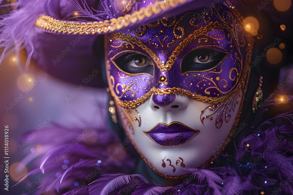 Elegant Venetian Mask with Gold and Purple Details Amidst Feathered Attire Elegant Venetian Mask with Gold and Purple Details Amidst Feathered Attire