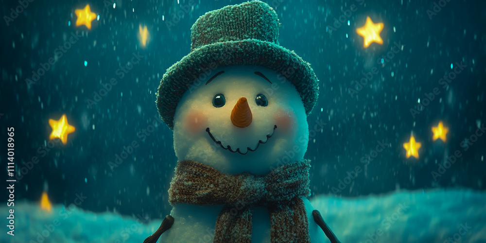 Obraz premium A playful snowman stands in gently falling snow surrounded by a winter wonderland.