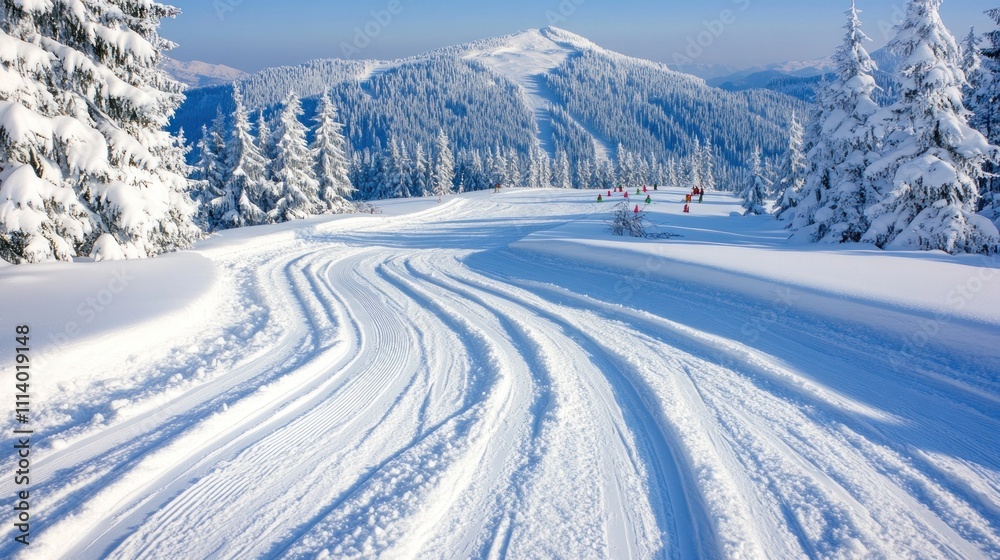 Snowy Mountain Slope With Ski Tracks And Trees Snowy Mountain Slope With Ski Tracks And Trees