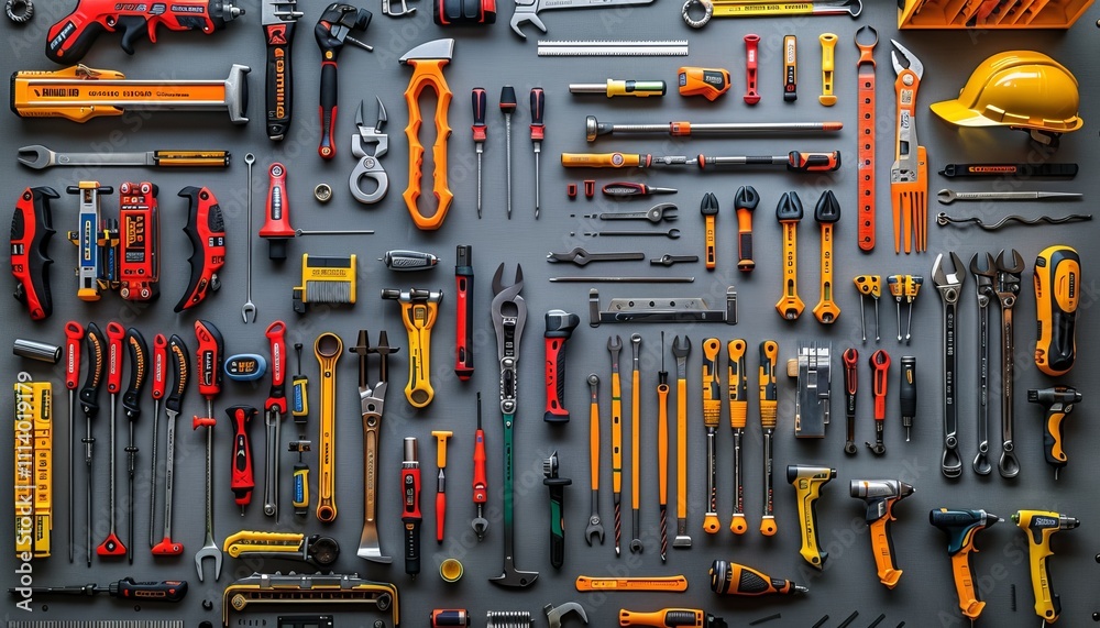 Flat lay of repair tools on gray background essential construction equipment display Flat lay of repair tools on gray background essential construction equipment display