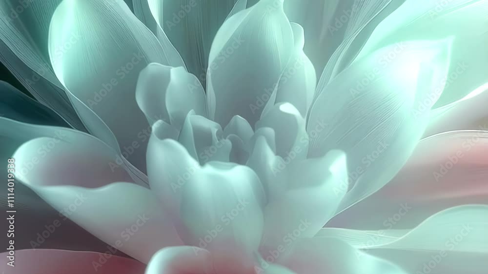 Animation of an ethereal abstract flower with translucent light blue petals illuminated from below in pink, creating an atmosphere of lightness Animation of an ethereal abstract flower with translucent light blue petals illuminated from below in pink, creating an atmosphere of lightness