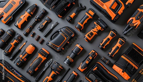 Flat lay of various repair tools on a gray background for construction and diy projects photo