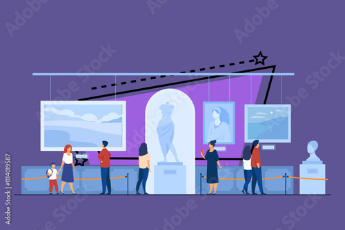 Museum visitors walking in art gallery. Tourists enjoying exposition, admiring artworks at exhibition. Vector illustration for excursion, people and culture concept.