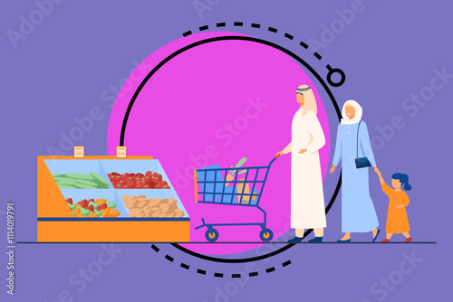 Muslim family buying food in supermarket. Arab cartoon characters wheeling shopping cart in grocery store. Vector illustration for retail, lifestyle, Arab people concept