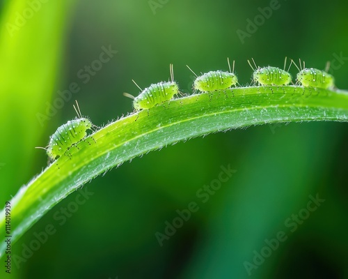 A single blade of grass with tiny caterpillars crawling photo