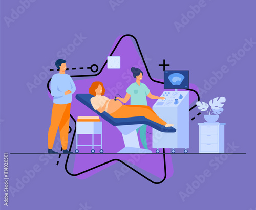 Prenatal care concept. Sonographer scanning and examining pregnant woman while expecting father looking at monitor. Vector illustration for medical examination, sonography, ultrasound test topics