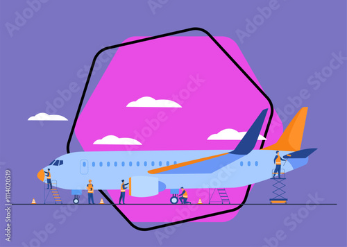 Plane service isolated flat vector illustration. Cartoon mechanics repairing airplane before flight or adding fuel. Aircraft maintenance and aviation concept