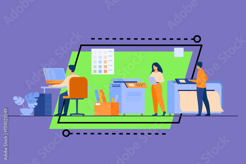 Print house workers using computers and operating big commercial printers for printing banners and posters. Vector illustration for ad agency, printing industry, advertising design concept