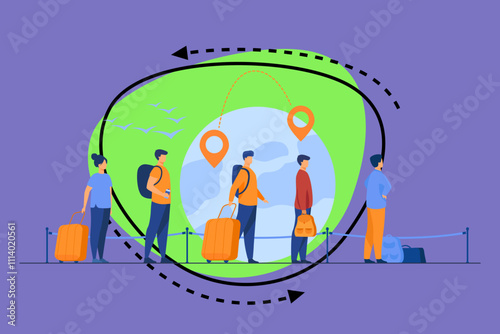 Queue of immigrants standing and holding luggage, waiting departure in airport. Group of tourists with globe, map pointers and destination line in background. For travel or immigration concept