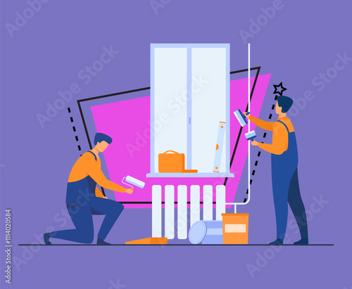 Renovation workers repairing apartment. Repairmen in overalls decorating and painting walls. Vector illustration for excursion, people and culture concept
