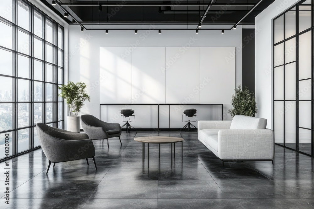 Fototapeta premium A modern and minimalist office interior design rendering, featuring an open space layout with white walls