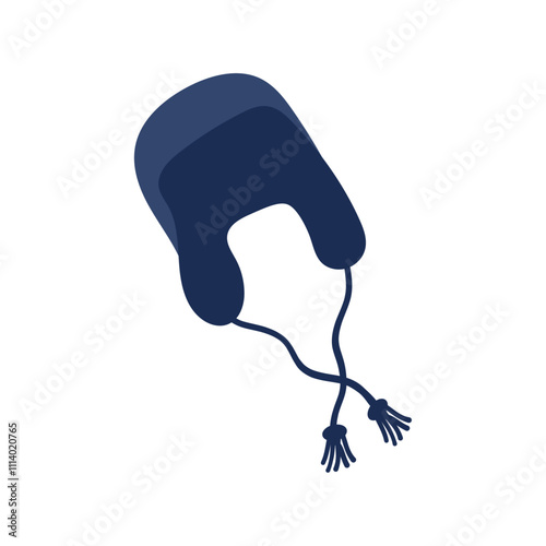Winter blue hat. Cute hat for winter season on white background. Ushanka hat,  Vector illustration, flat style.