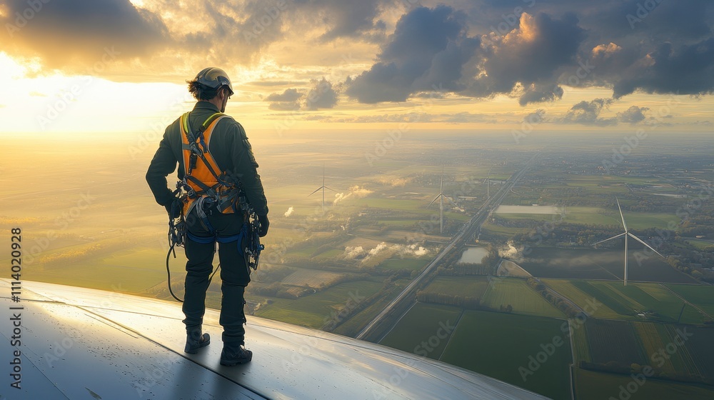 Worker on Wind Turbine at Sunset Overlooking Landscape Worker on Wind Turbine at Sunset Overlooking Landscape