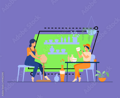 Smiling female artists creating ceramic vase from clay isolated flat vector illustration. Cartoon ceramists making colorful earthenware. Pottery hobby and handcraft concept